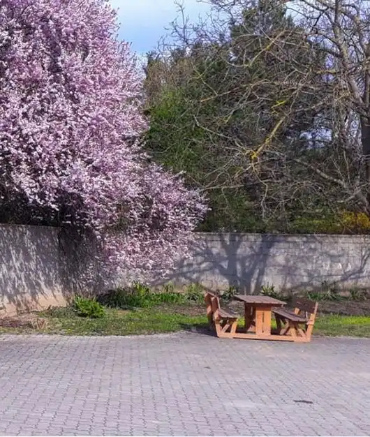 Radlerrast Biohof Lembacher Sitzgruppe in der Hofeinfahrt